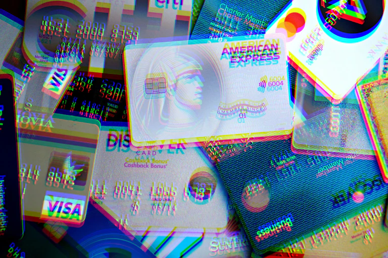 A collection of bank cards with glitch effect.