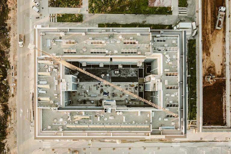 aerial shot looking down onto top of eco-housing flats