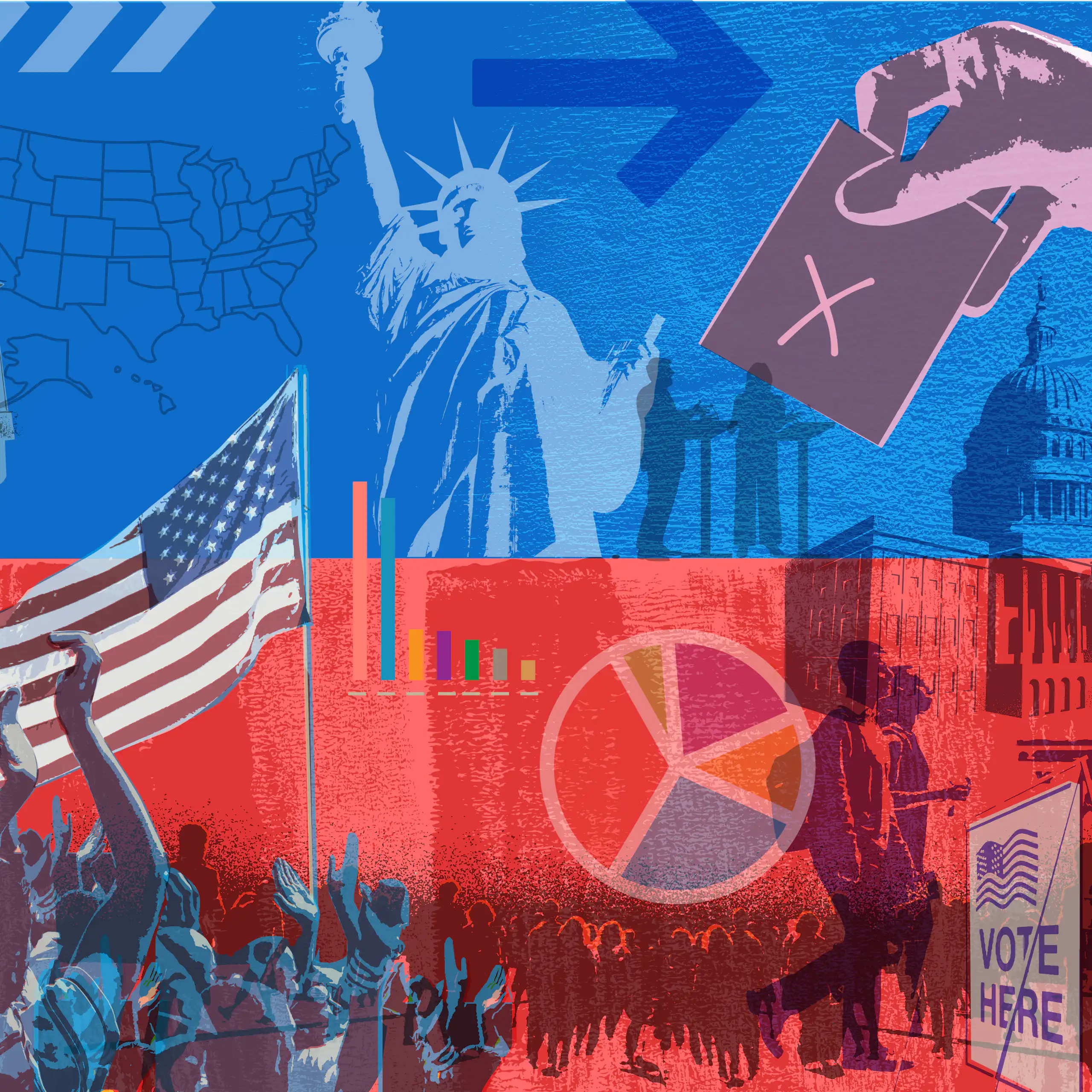 An illustration of people voting, carrying flags, and the White House.