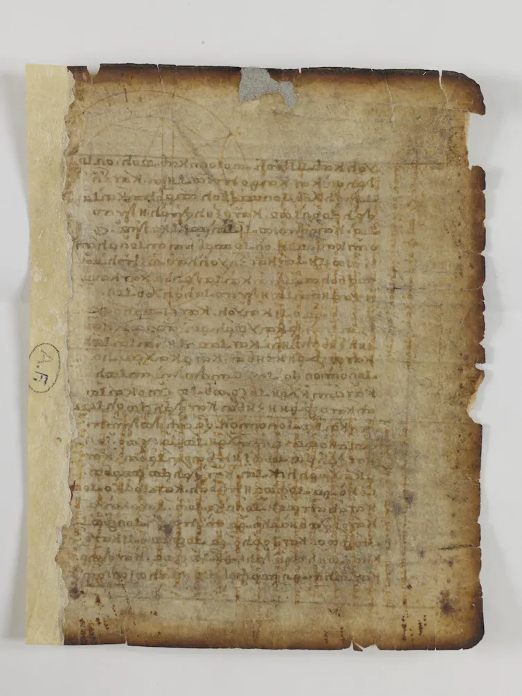 Le verso de la page du palimpseste d’Archimède retrouvée par hasard à Blois