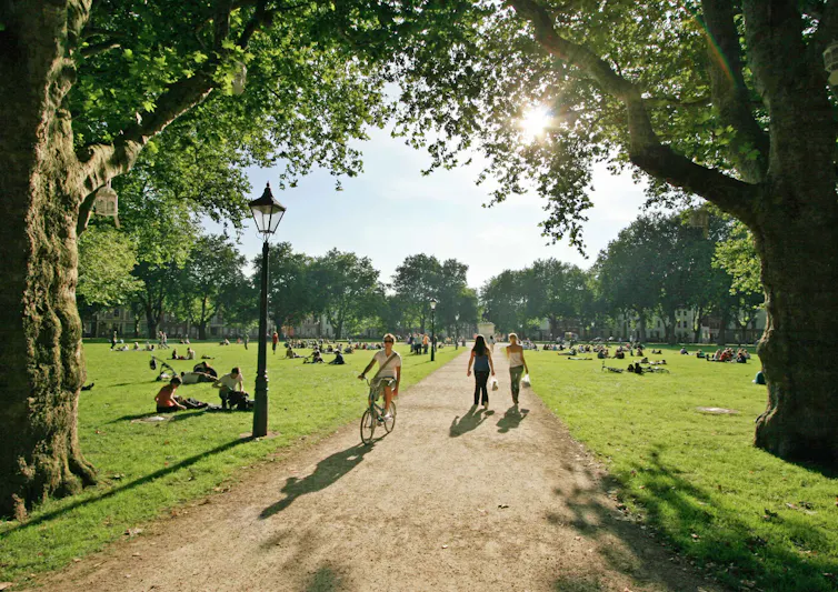Un parque soleado con personas en bici por un camino y sentadas en la hierba