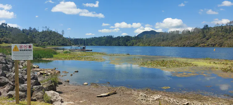 This image shows a green sludge in the Waikato River, with an official warning sign.