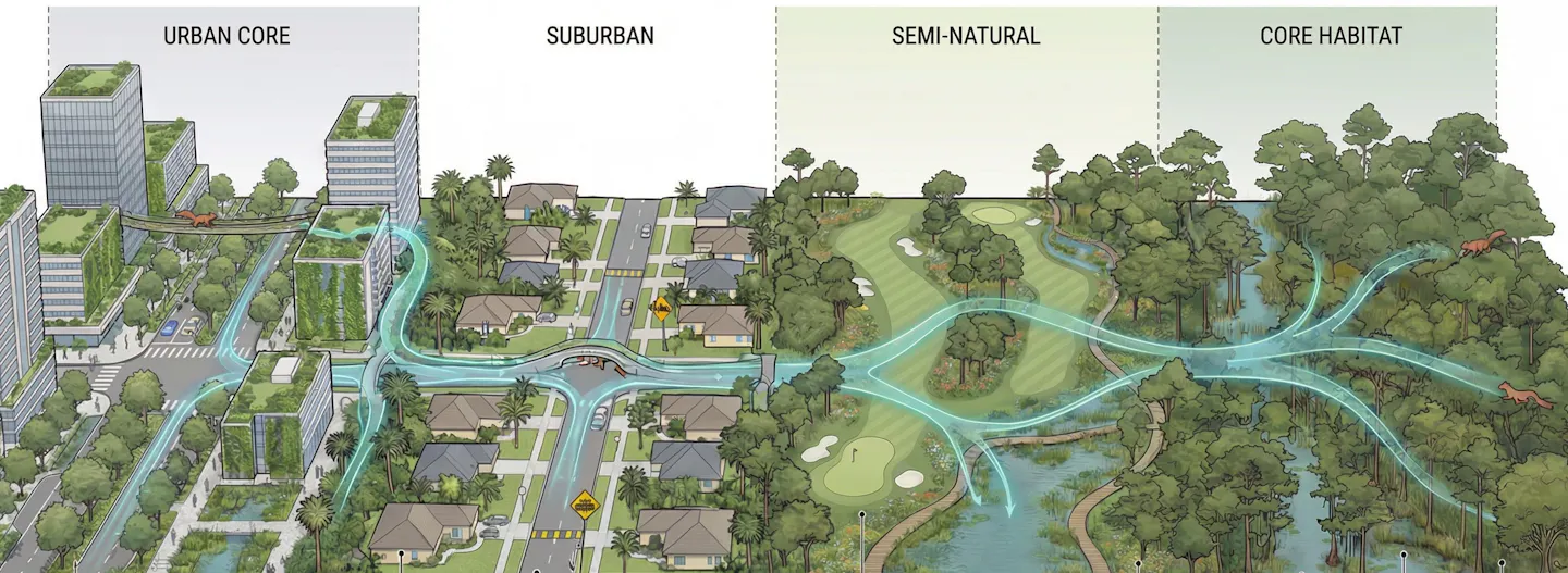 Illustration showing urban, suburban, semi-natural and core habitat zones