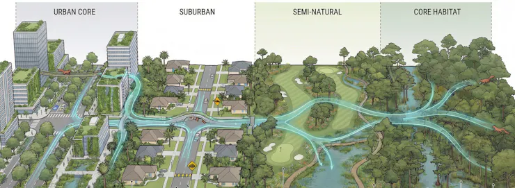 Illustration showing urban, suburban, semi-natural and core habitat zones