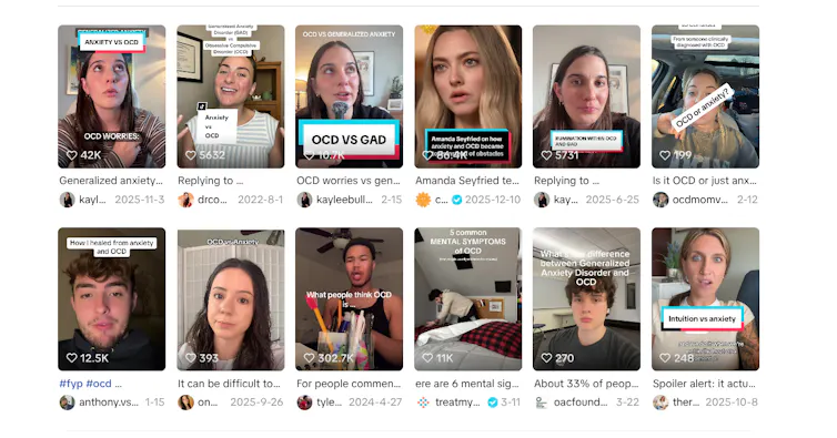 Grid showing stills from different TikTok videos on anxiety versus OCD.