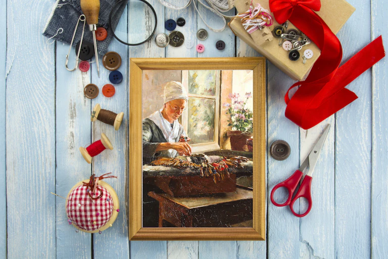 A painting of a lacemaker in a frame surrounded by craft tools