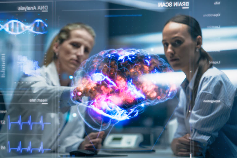 Artist's impression of doctors discussing a patient using a futuristic holographic brain model.