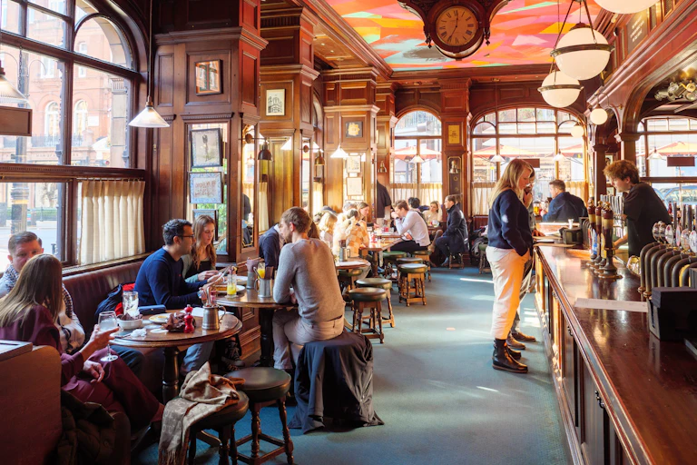Interior of a busy pub