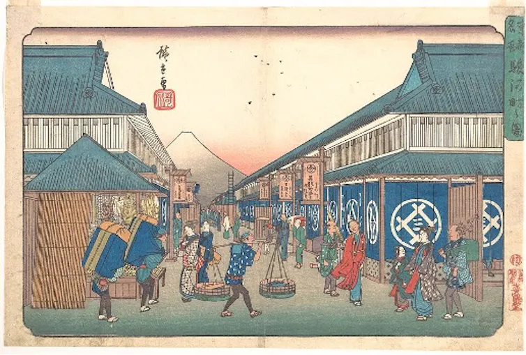 Painting of a busy street in Edo Japan.