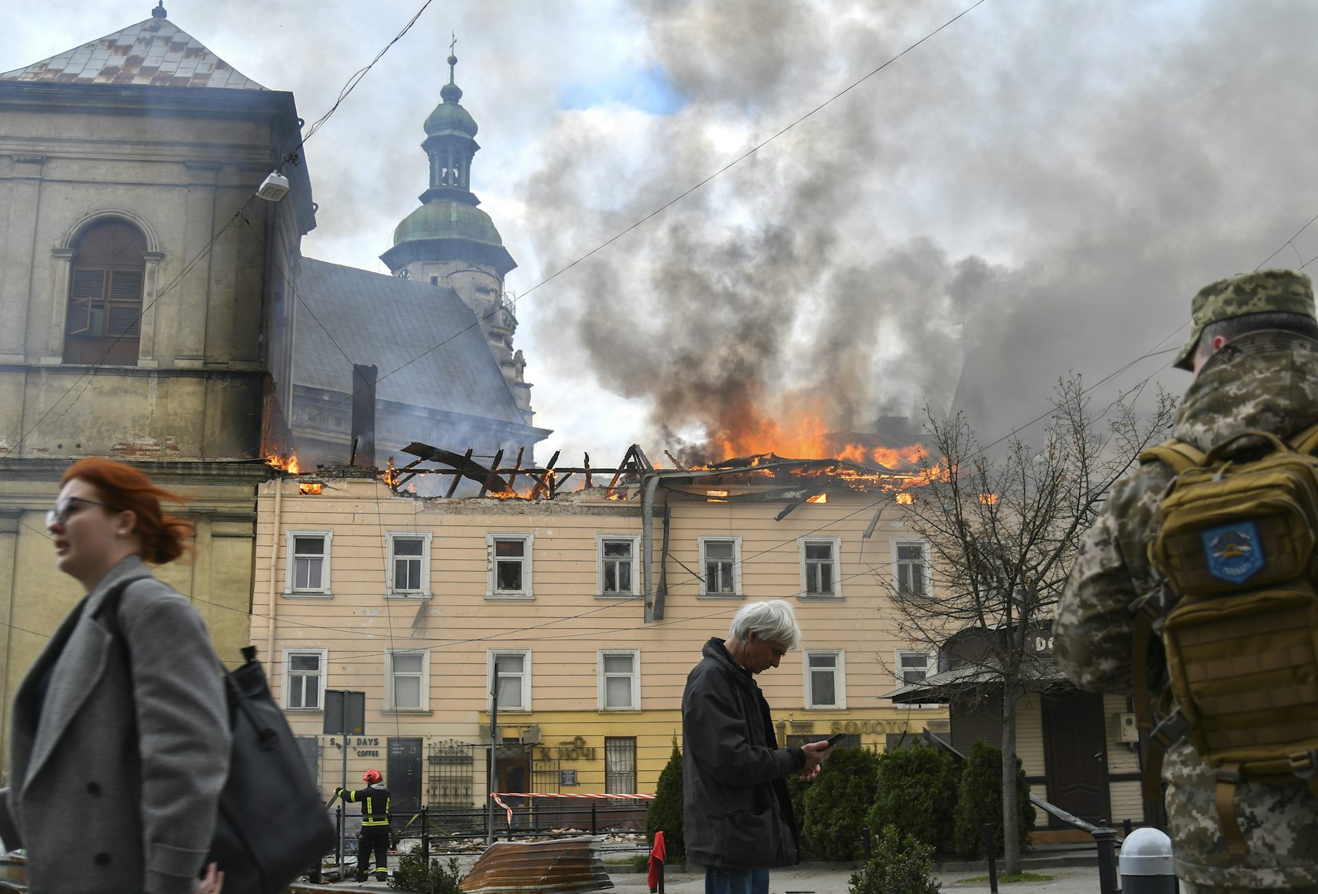 A building on fire in Ukraine. 