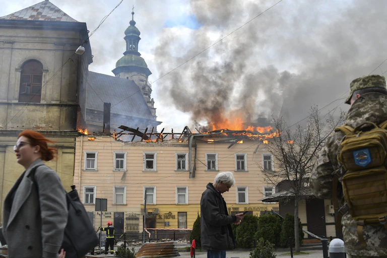 A building on fire in Ukraine.
