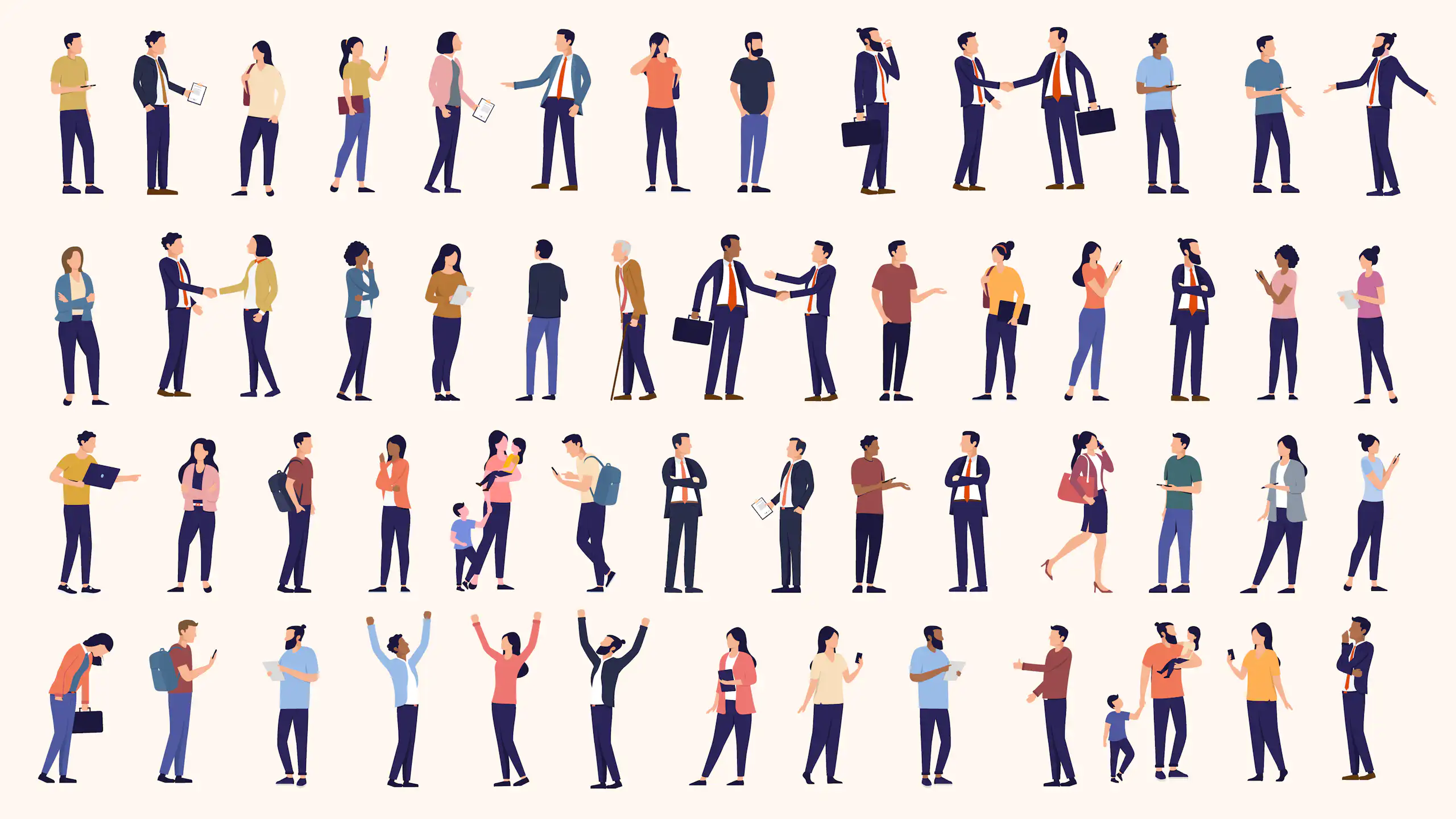In illustration of a diverse array of people who are standing, talking and doing work.