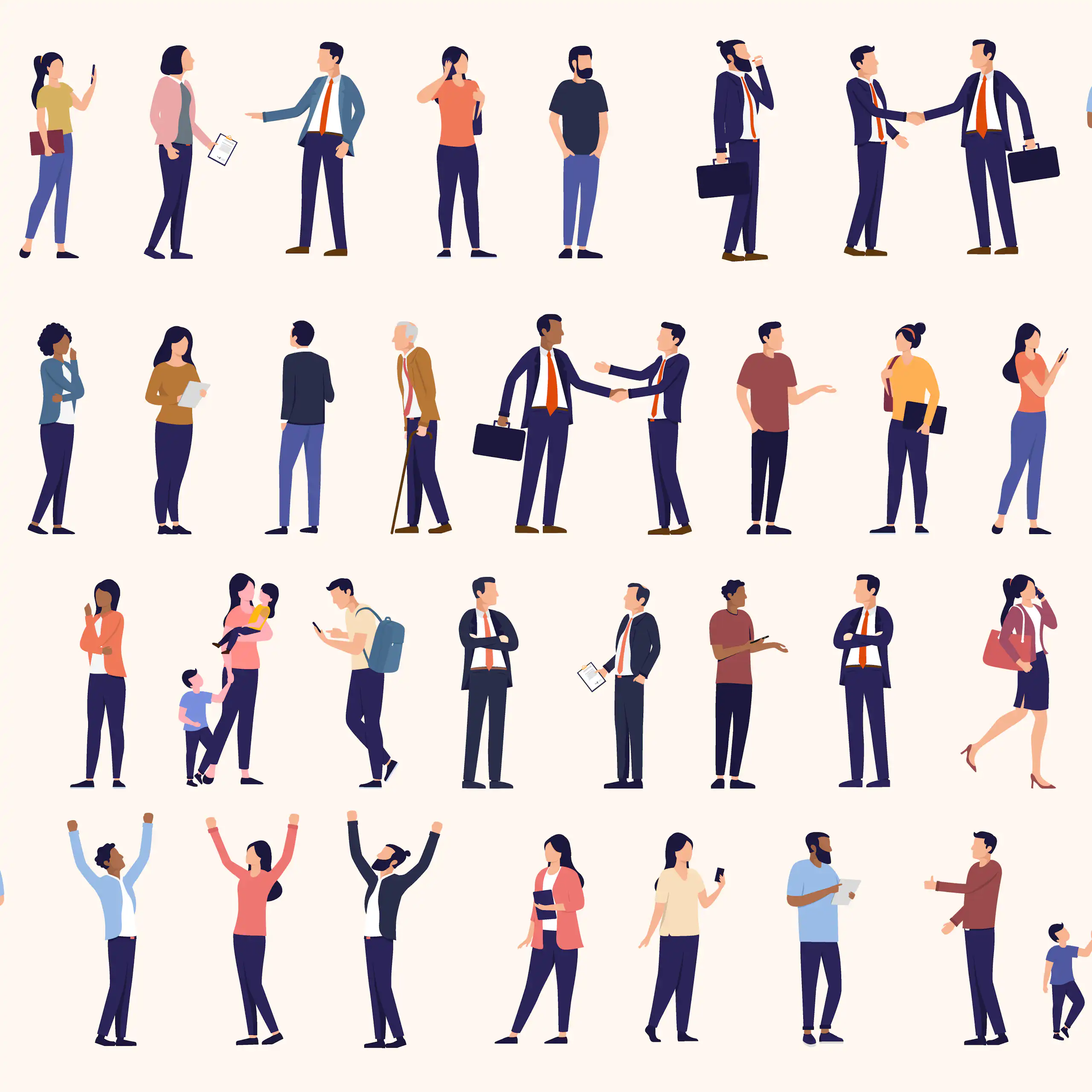 In illustration of a diverse array of people who are standing, talking and doing work.