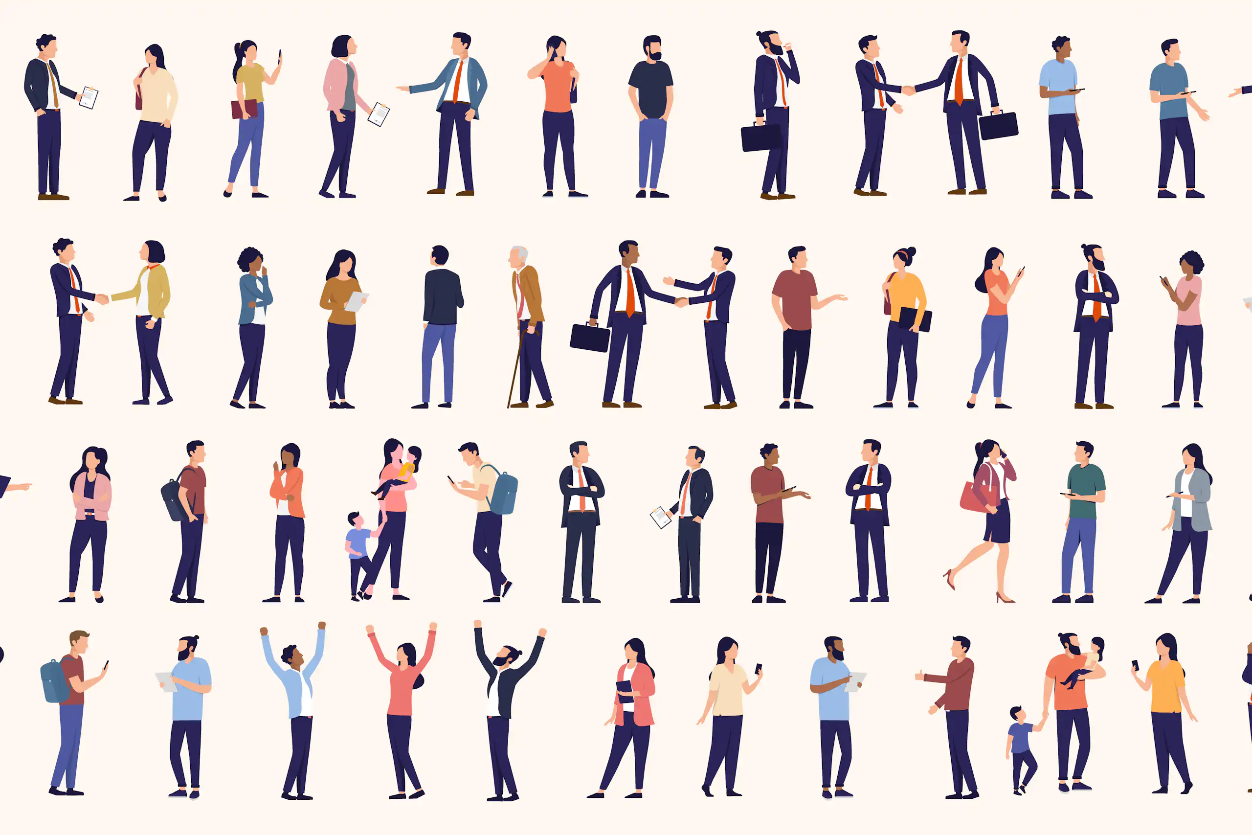 In illustration of a diverse array of people who are standing, talking and doing work.