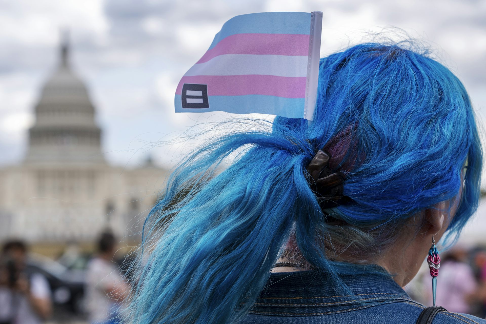 A closeup of a person's hair dyed in blue with a small trans flag pinned to it.