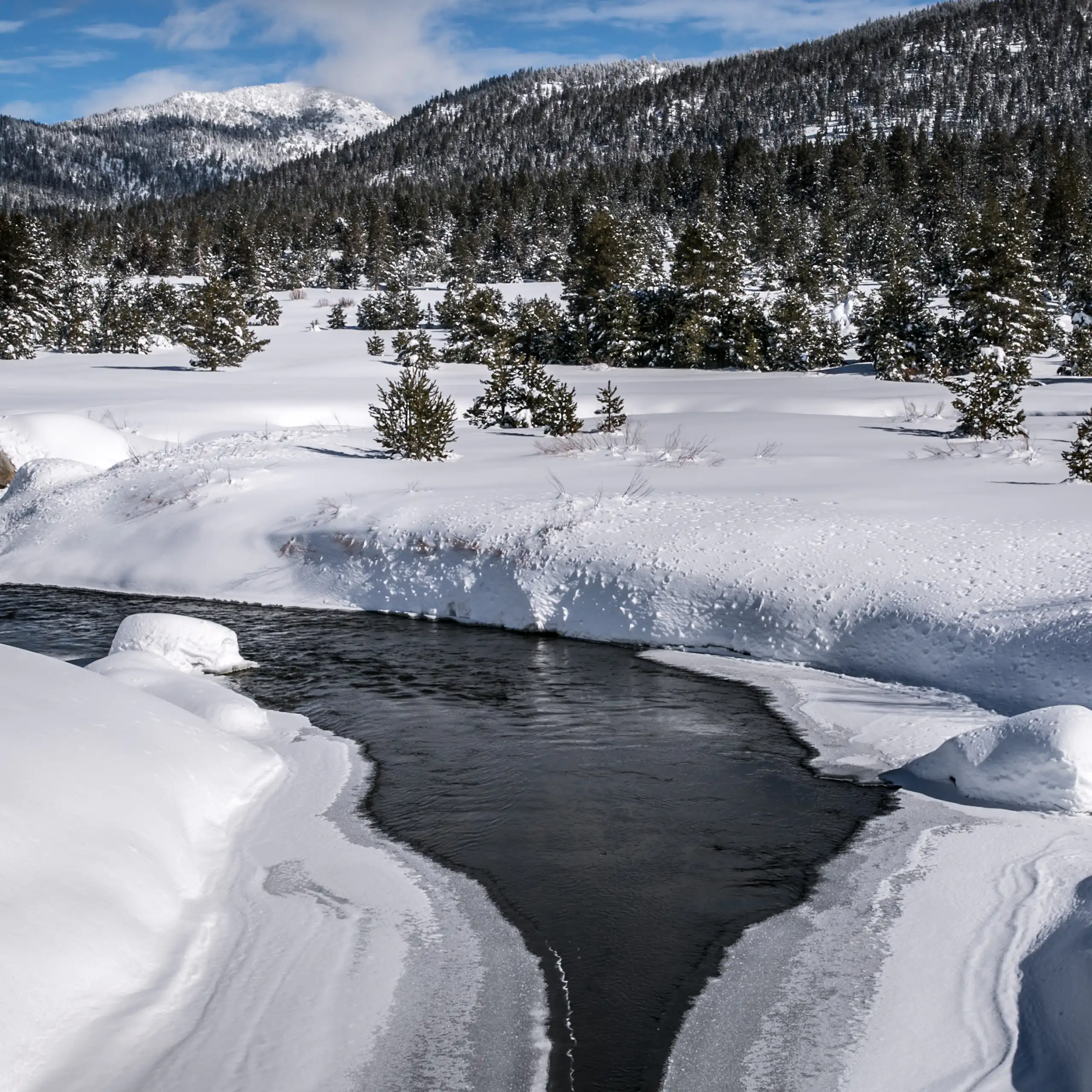 A few across a mountain stream near Lake Tahoe and land covered in snow.