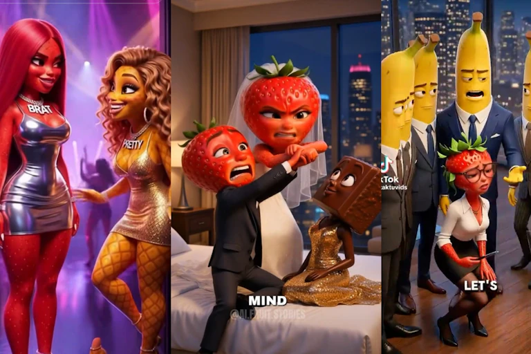 A composite image showing three panels of anthropomorphic fruit characters in various settings.
