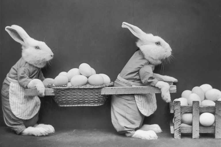 A black and white image of two rabbits, carrying eggs between them in little carts.