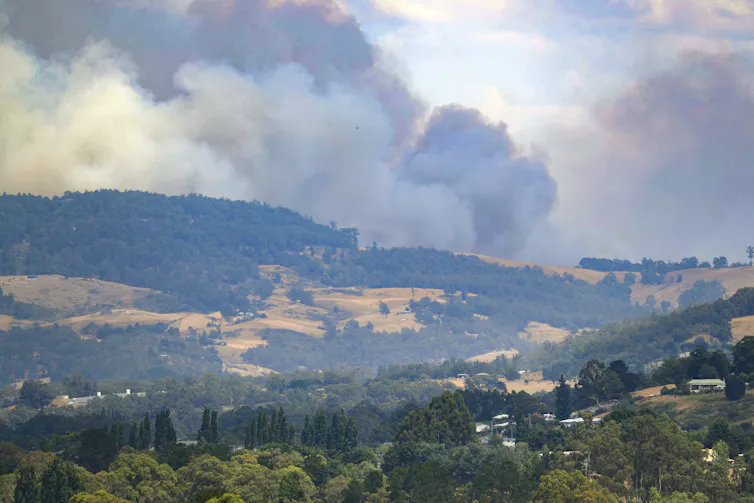 landscape shot of rural tasmania showing bushfire smoke.