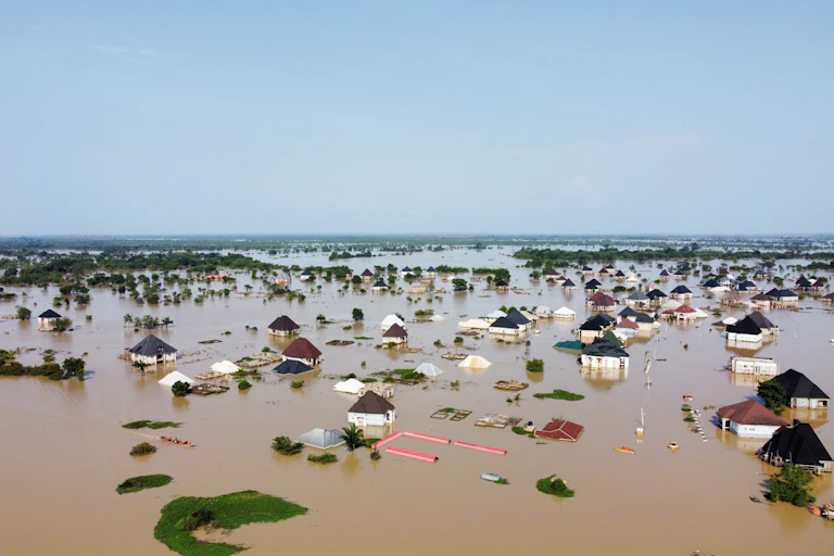 Aerial shot of flooded African village