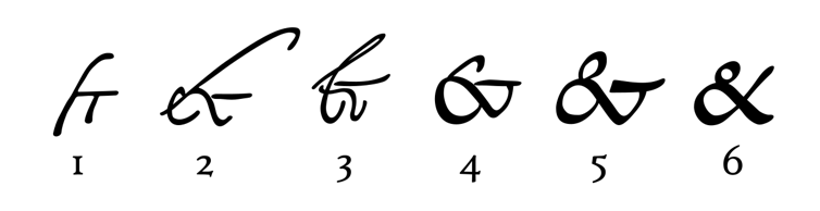Evolución del símbolo &. De izquierda a derecha: antigua cursiva romana, del año 131; dos cursivas romana nueva, mediados del siglo IV; uncial, de un manuscrito, antes del 509; uncial, de un manuscrito, siglo VII; y minúscula carolingia, 810.