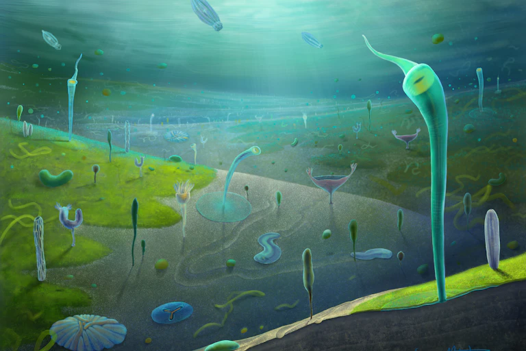 Artist's impression of Earth's earliest complex animals during the late Ediacaran period