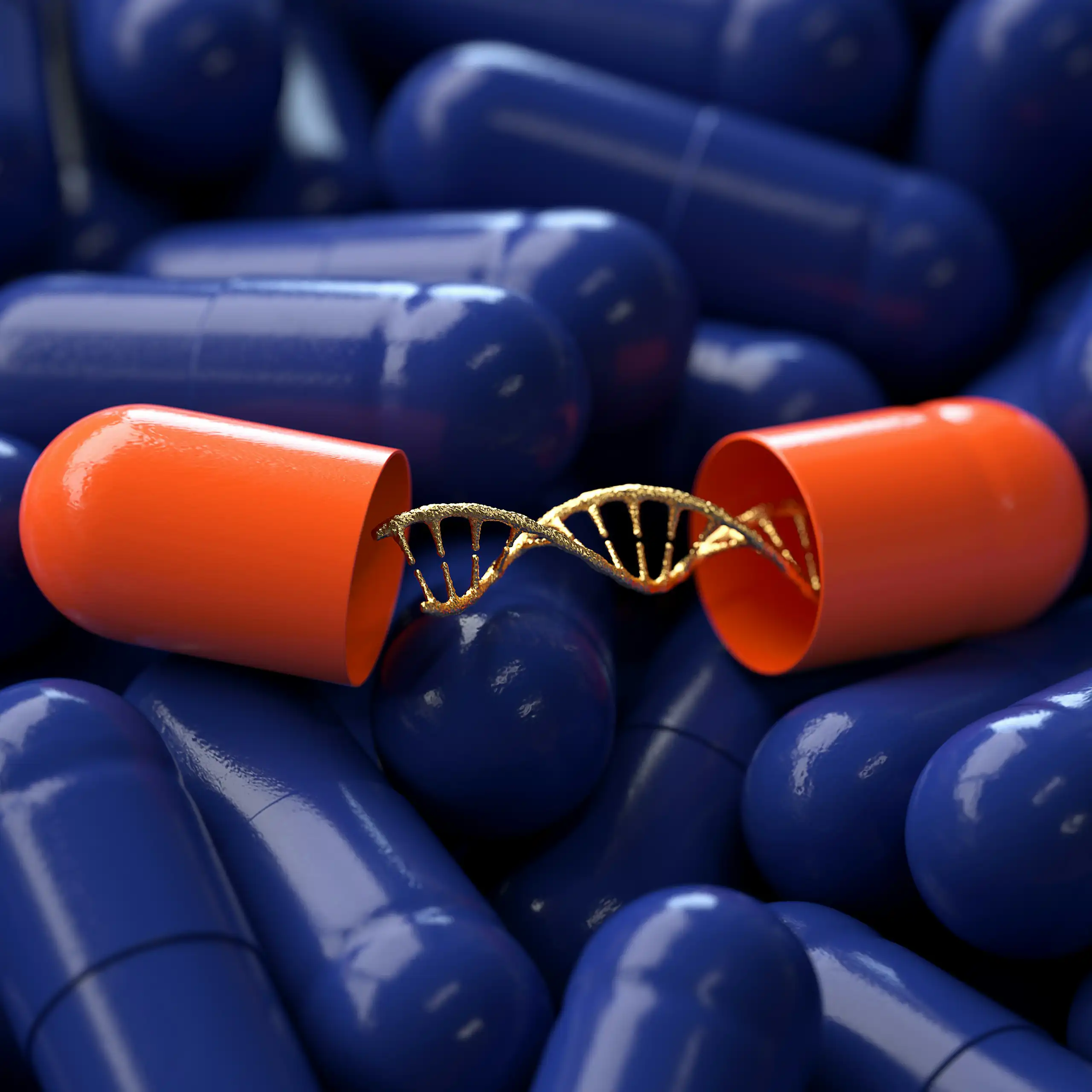 a red capsule split open to reveal a strand of DNA separating into two single strands, against a background of blue capsules
