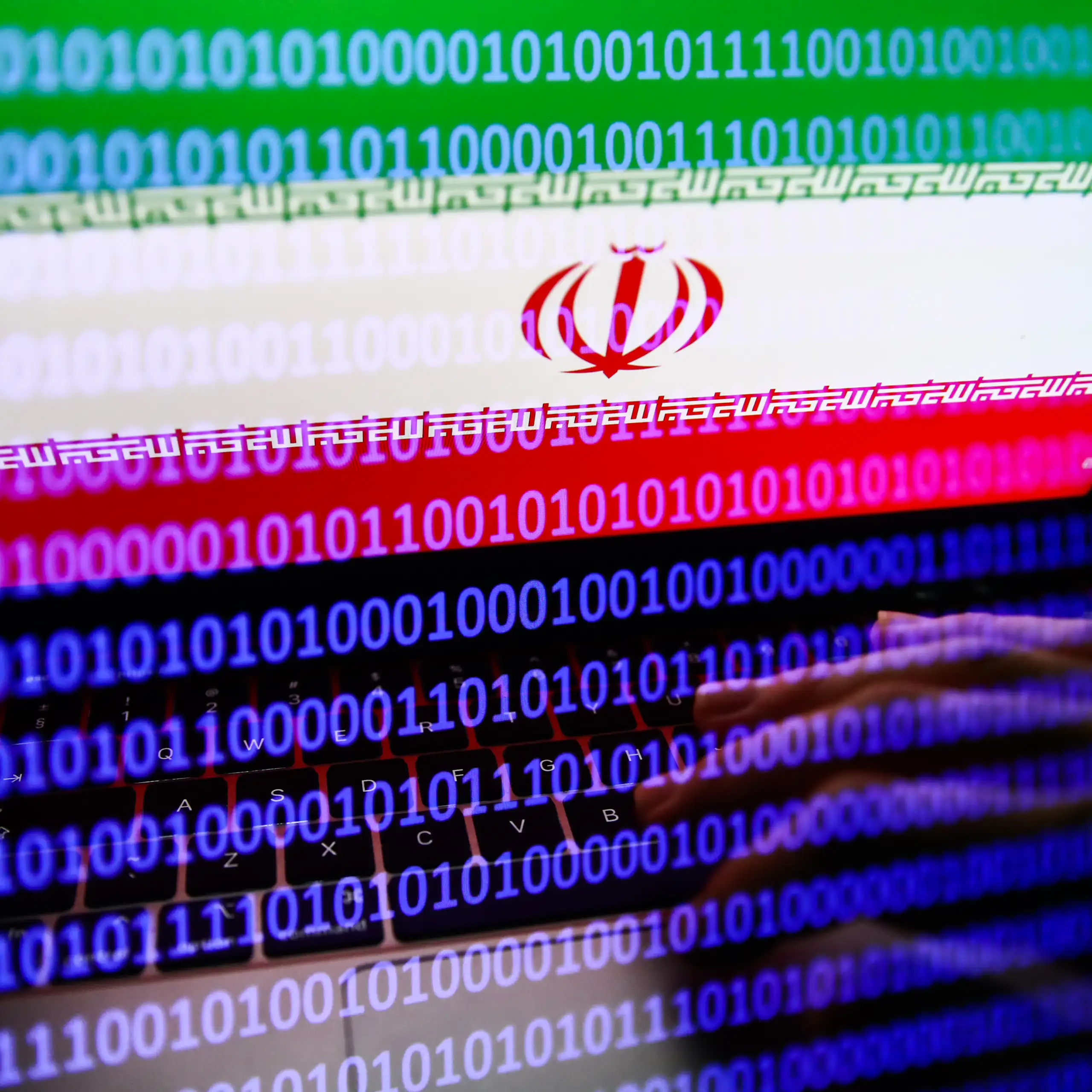 lines of ones and zeros overlay a green, white and red flag