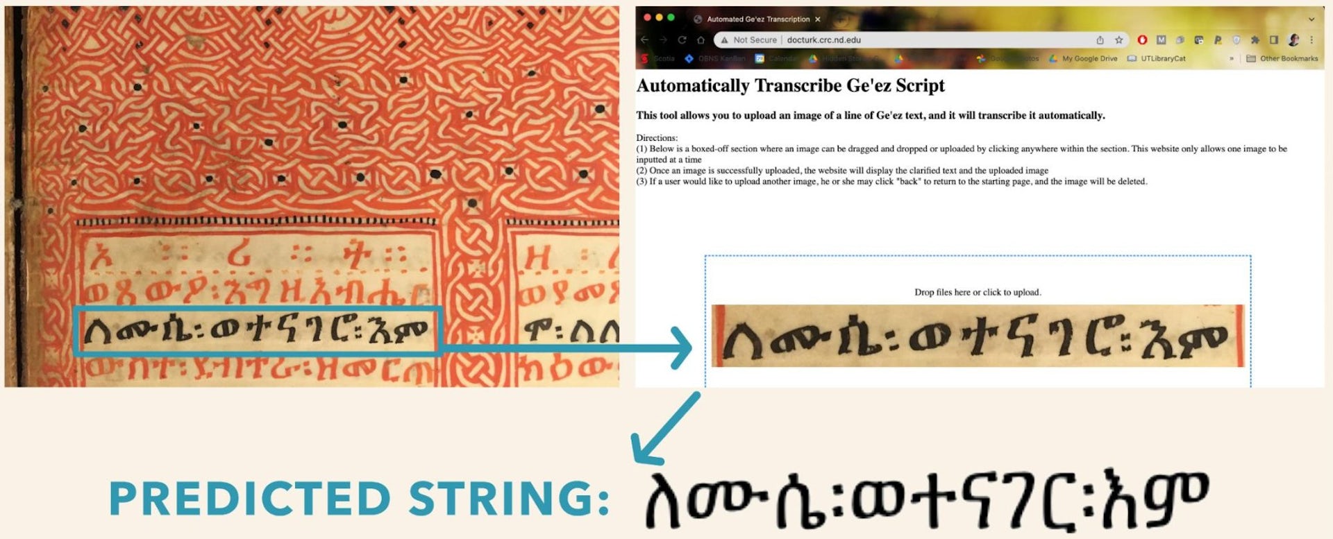 Una captura de pantalla de la herramienta de transcripción Ge'ez en acción.