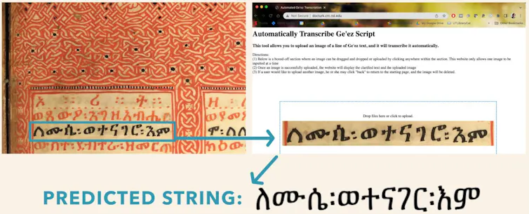 Como "científico del libro", trabajo con microscopios, tecnologías de imágenes e inteligencia artificial para preservar textos antiguos. 3 Una captura de pantalla de la herramienta de transcripción Ge'ez en acción.