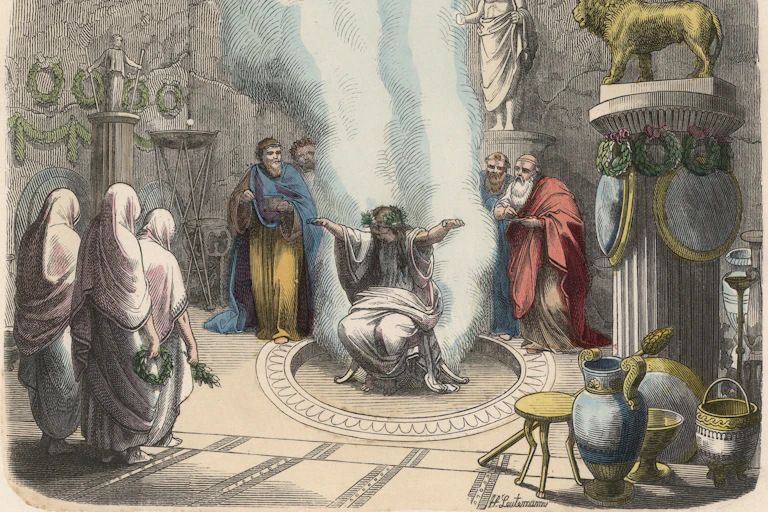Shrine to Apollo: The Oracle at Delphi - Coloured engraving by Heinrich Leutemann (1824-1905) - Bilder aus dem Altertume (Pictures from Antiquity) 1866