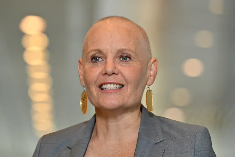 Peta Murphy at a press conference at Parliament House in Canberra in 2023.