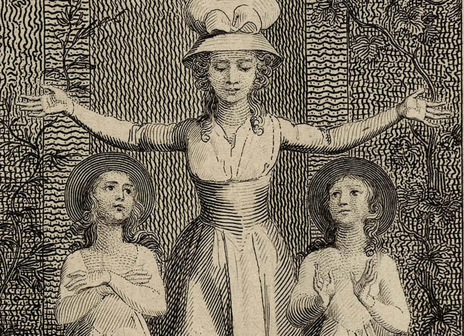 Engraving of a governess, with two girls looking up at her adoringly