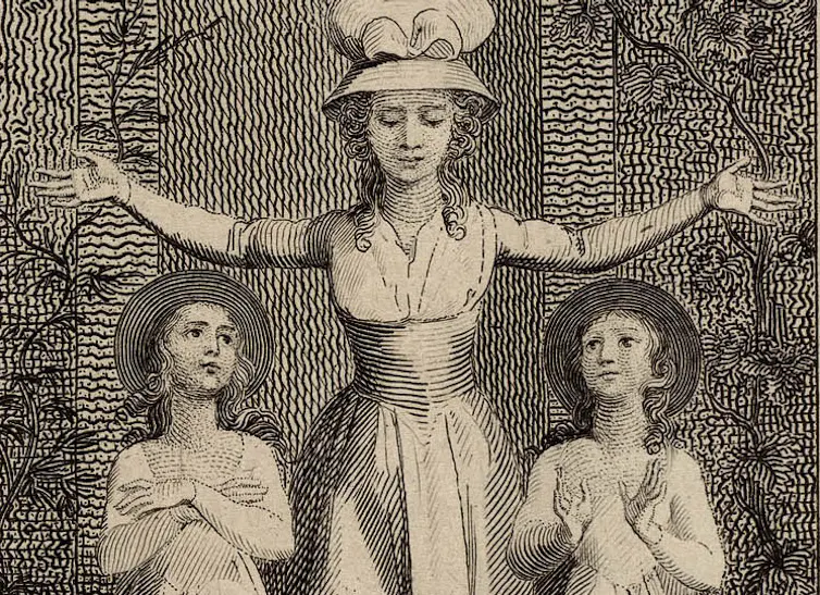Engraving of a governess, with two girls looking up at her adoringly