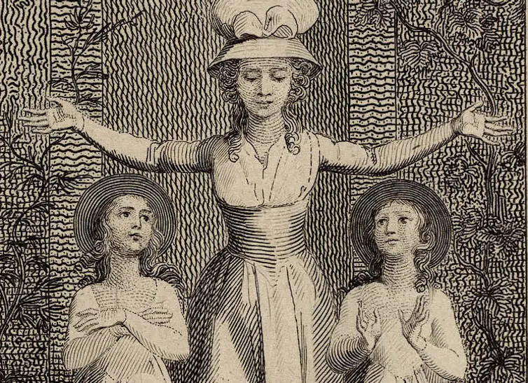 Engraving of a governess, with two girls looking up at her adoringly