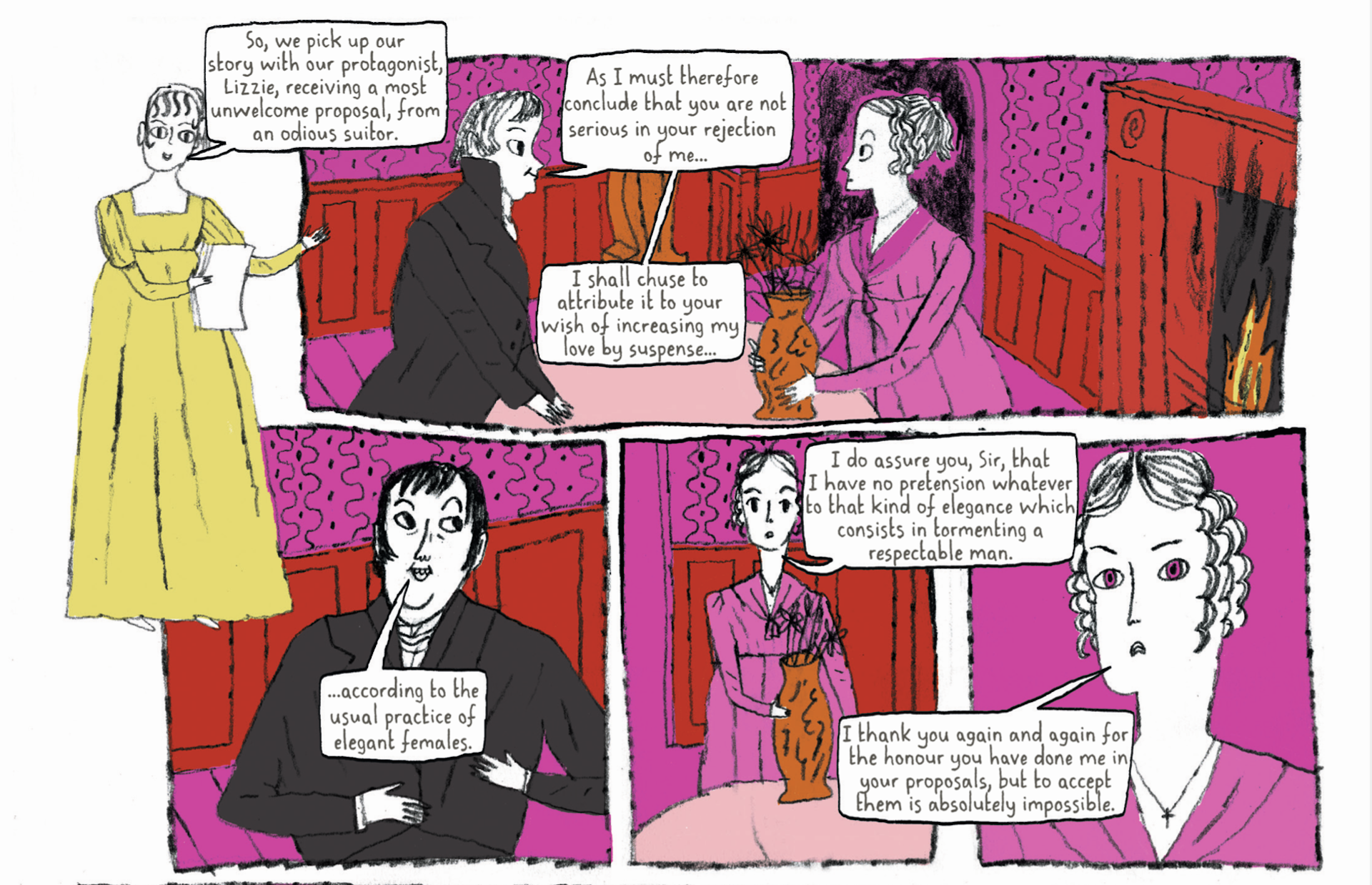 A page from The Novel Life of Jane Austen showing Mr Collins proposing to Lizzie