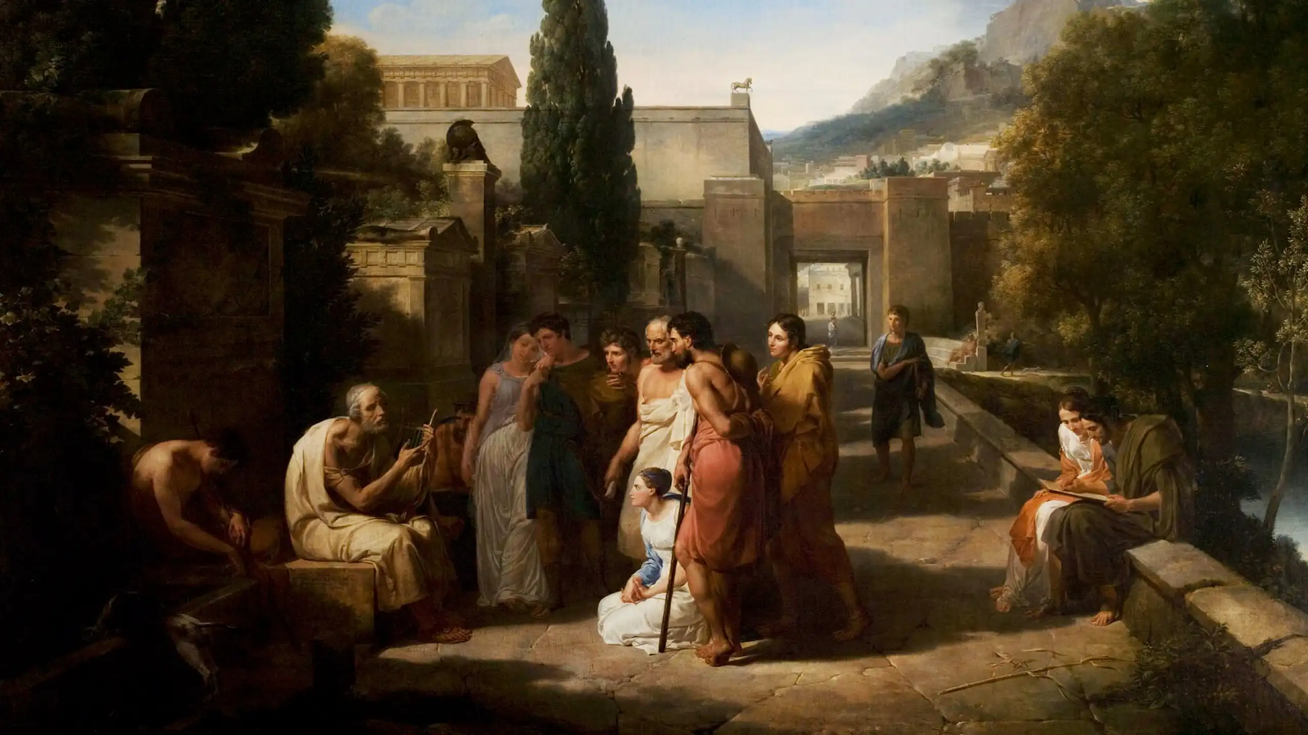 Painting showing Homer singing to a crowd.
