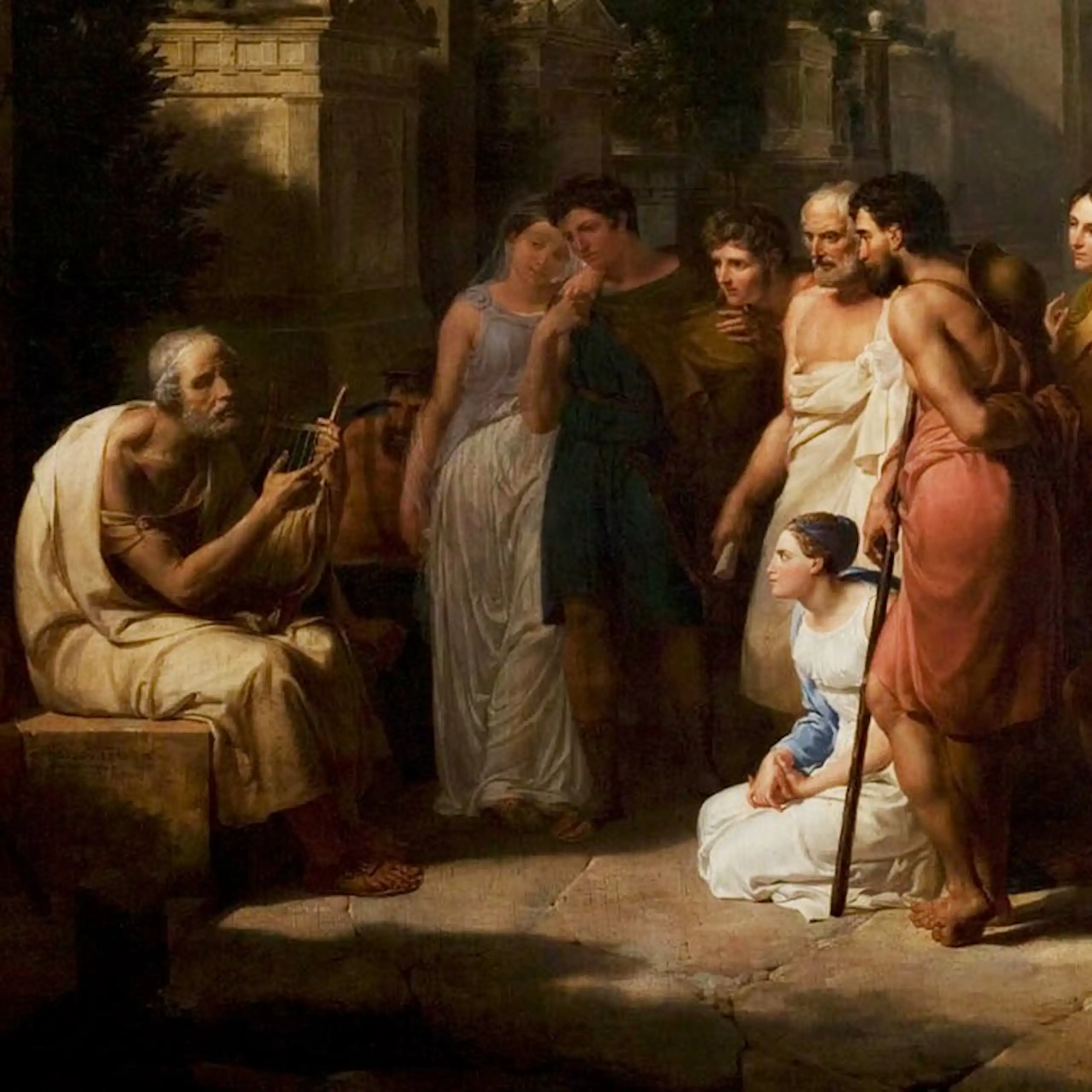 Painting showing Homer singing to a crowd.
