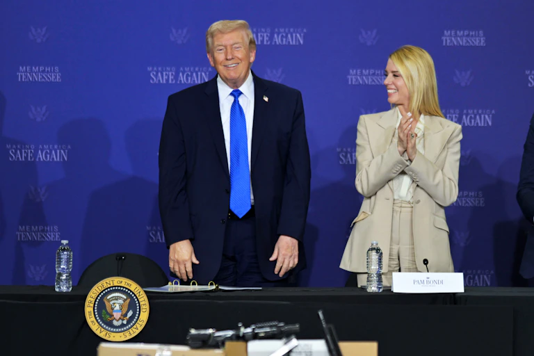 A man dressed in suit and tie stands on a stage next to a woman dressed in a beige suit.