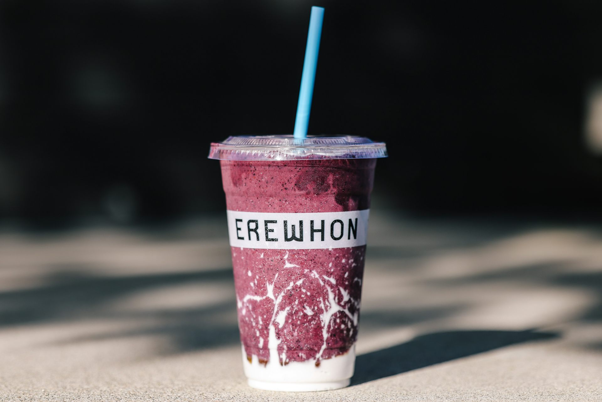 A photo of a chilled Erewhon smoothie that includes kefir, blueberries, honey, raw beef, bananas, sea salt and maple syrup.