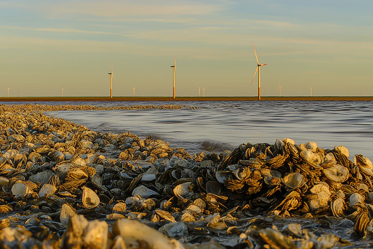 shells on foreshore, calm sea, wind turbines in distance