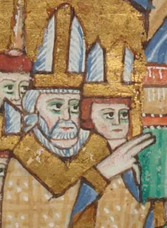 A painting shows a pope wearing a crown, standing alongside two other figures.
