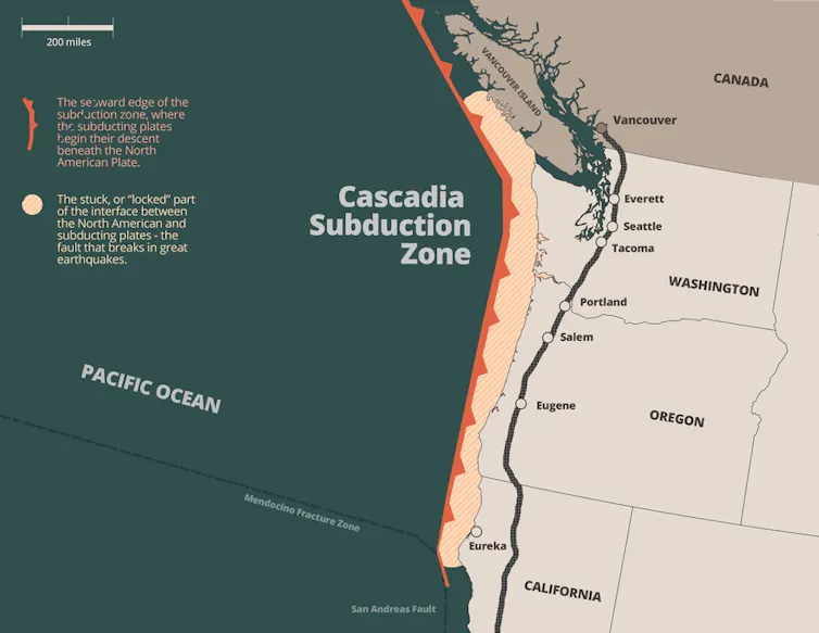 a graphic showing the cascadia subduction zone along the coasts of B.C. Washington State, Oregon and northern California.