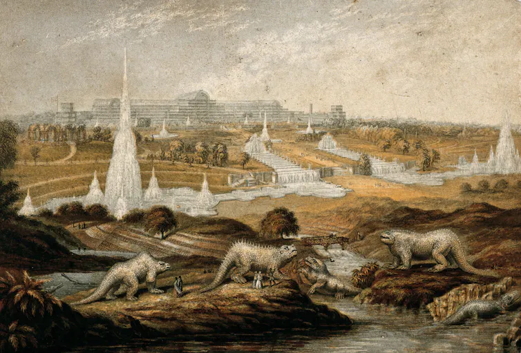 Dinosaur-like figures in the foreground, Crystal Palace in the background.