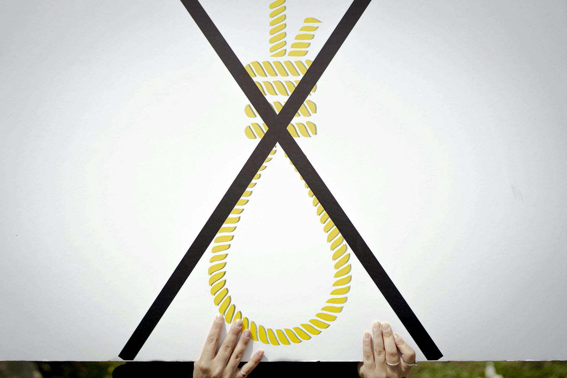 A person holds a large placard of a noose  with a big cross through it.