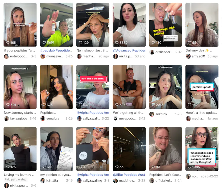 Grid of TikTok video thumbnails promoting peptides for anti-ageing.