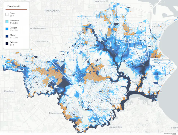¿Qué pasaría si la destructiva inundación del Día de Impuestos de Texas se centrara en el interior de Houston? Por eso las ciudades necesitan planificar para lo increíble 2 El mapa muestra inundaciones generalizadas.