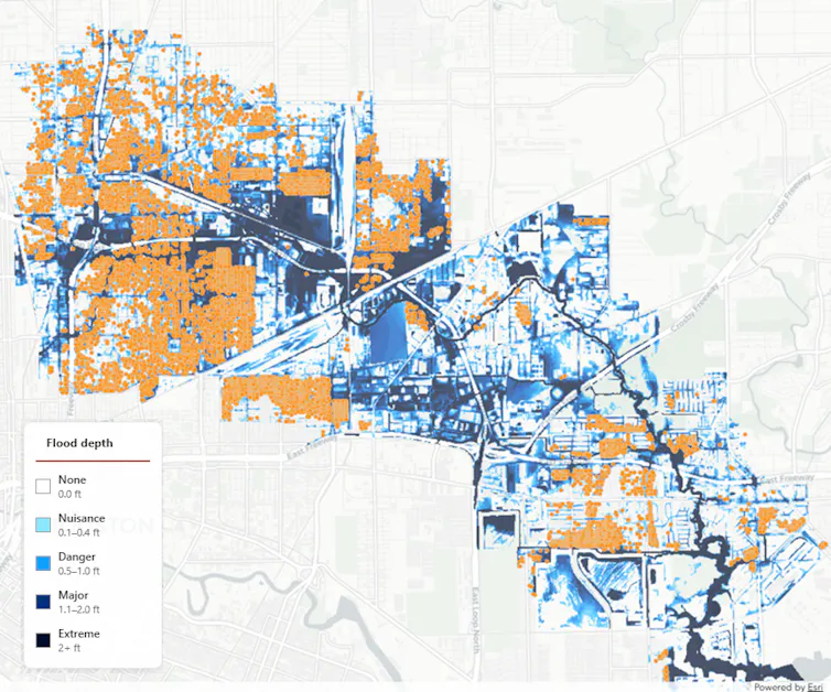 ¿Qué pasaría si la destructiva inundación del Día de Impuestos de Texas se centrara en el interior de Houston? Por eso las ciudades necesitan planificar para lo increíble 3 El mapa muestra inundaciones generalizadas.