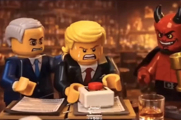 A Lego depiction of Donald Trump sits in front of a big red button, flanked by Lego Benjamin Netanyahu and Lego Satan.