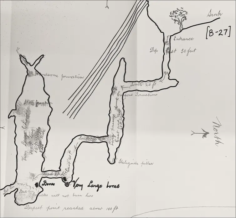 A basic hand-sketched cross-section of a cave showing connections and faint writing in pencil.